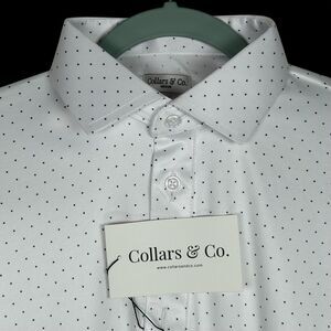 Collars & Co Polo Shirt Mens M Polka Dot White Navy Geometric Office Preppy NWT